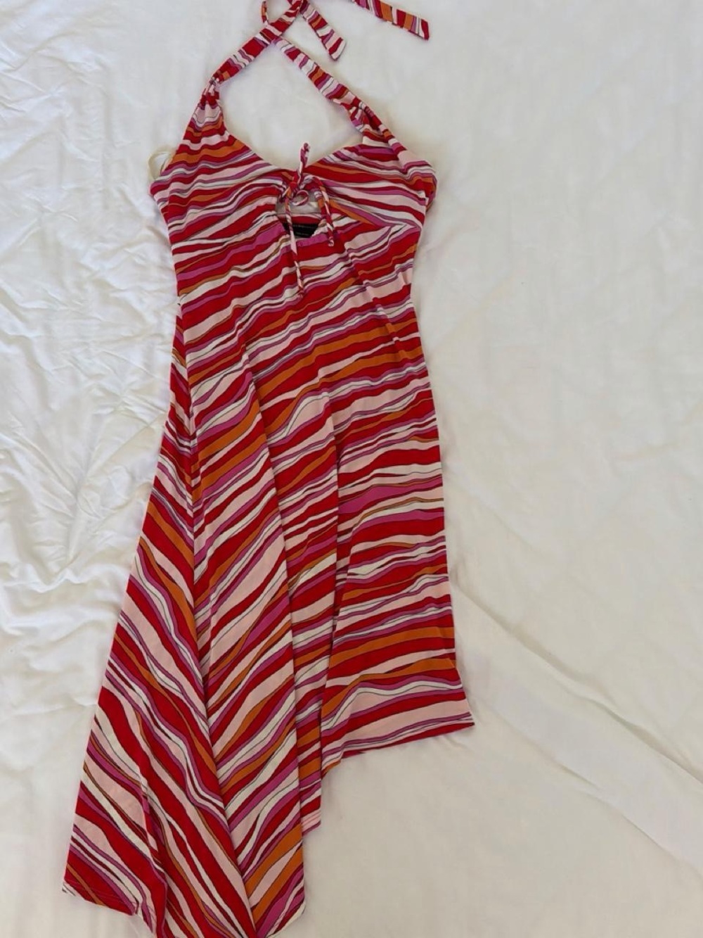 BCBGMaxAzria Pink, Red and Orange Asymmetrical Halter Midi Dress